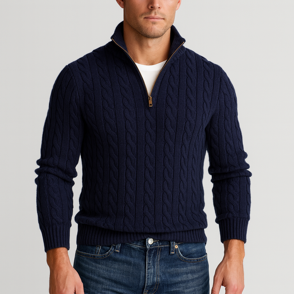 Maglione Uomo Mezza Zip Collo Alto con Polsini a Costine