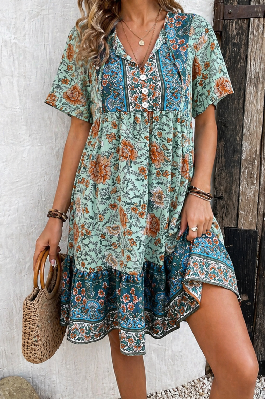 Abito Corto Donna Stampa Floreale Manica Lunga Bohemien