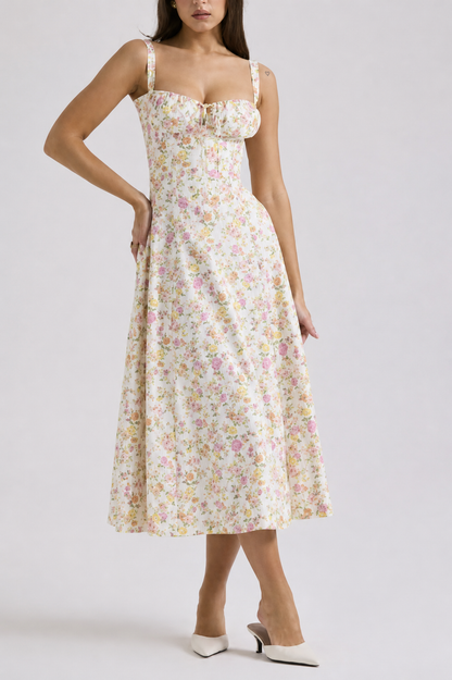 Abito Midi Donna in Tessuto Floreale con Bretelle Corsetto