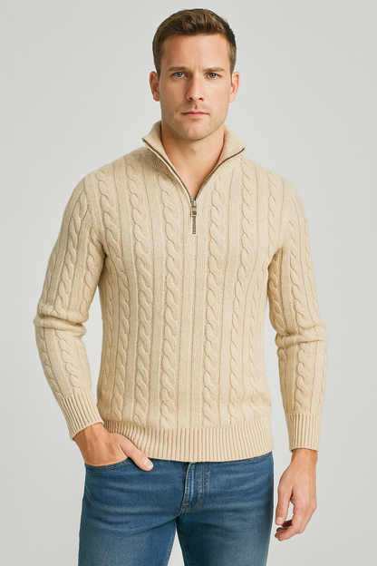 Maglione Uomo Mezza Zip Collo Alto con Polsini a Costine