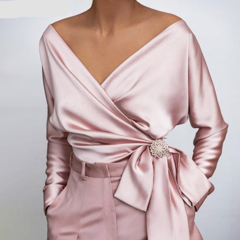 Camicetta Donna in Satin Design a Portafoglio Manica Lunga - Vesarelli