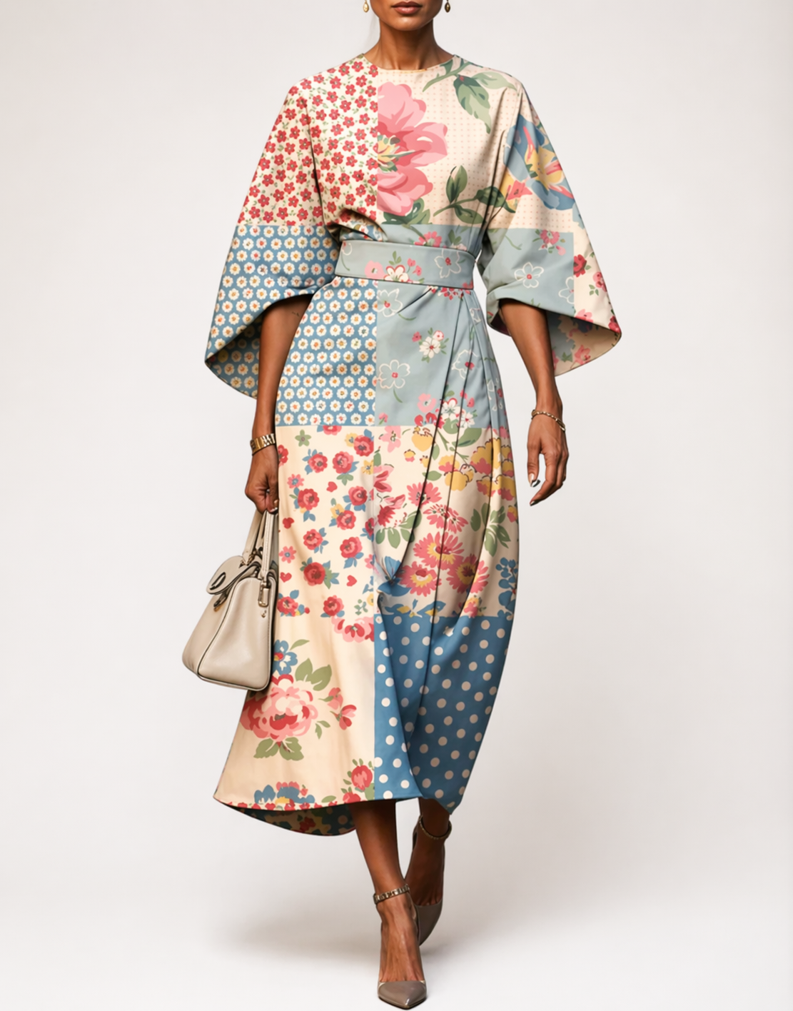 Dahlia | Abito Midi Donna Patchwork Maniche Kimono Stampa 4
