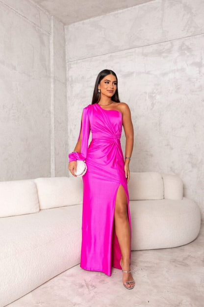 Delia | Abito da Donna Maxi Monospalla Satin Twist con Spacco 5