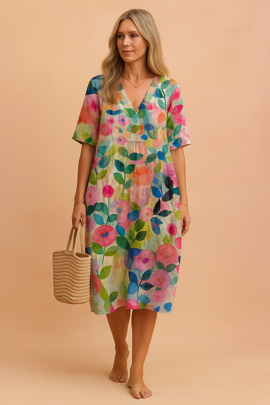 Abito Casual Donna Tessuto Floreale Scollo a V - Vesarelli