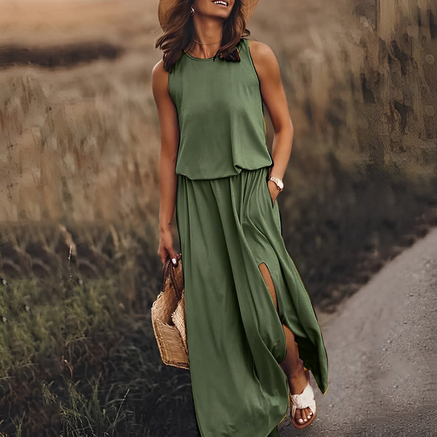 Abito Donna con Spacco e Tasche Doppie