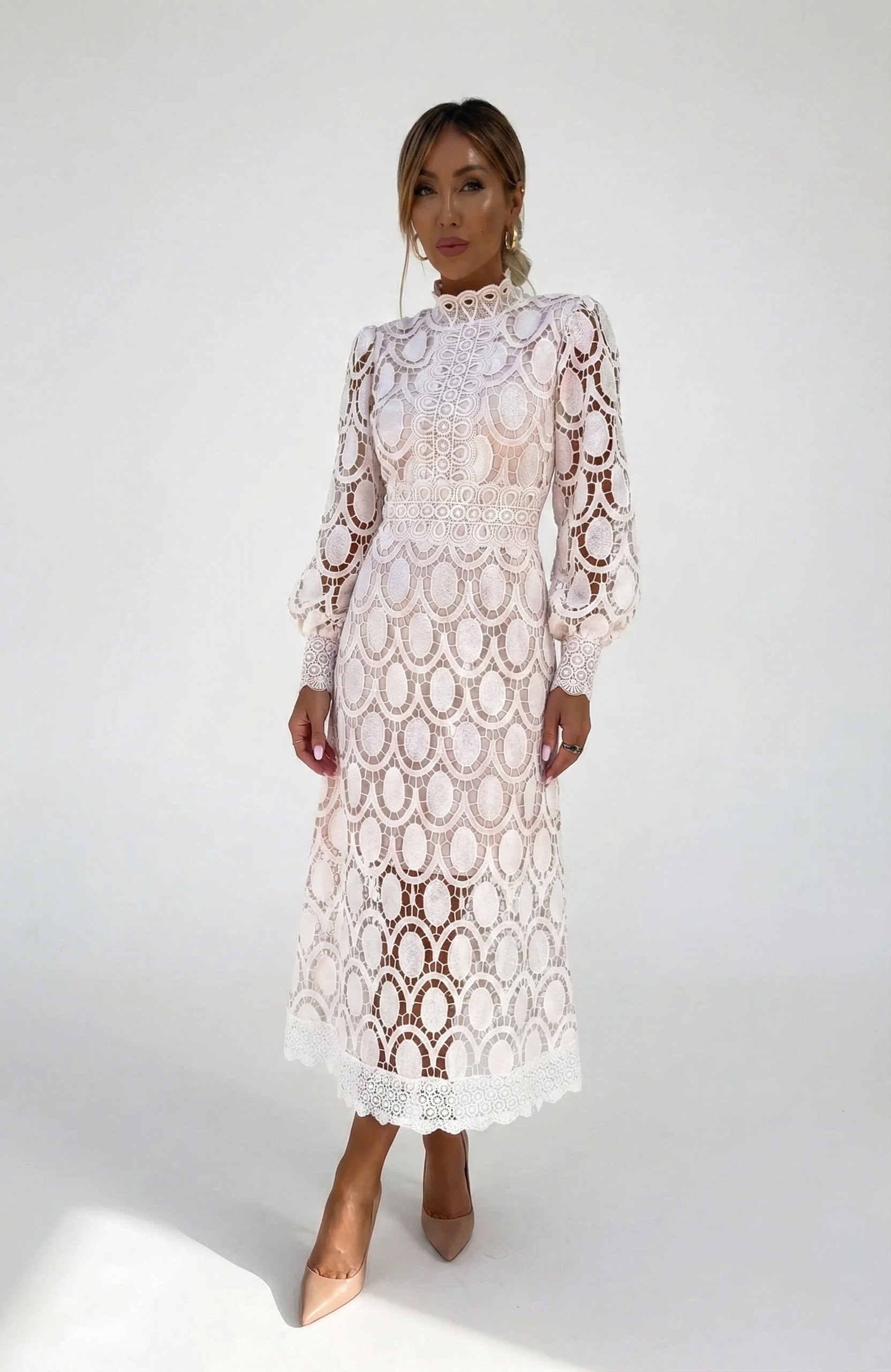 Abito Midi Donna in Pizzo Maniche Lunghe Elegante - Vesarelli