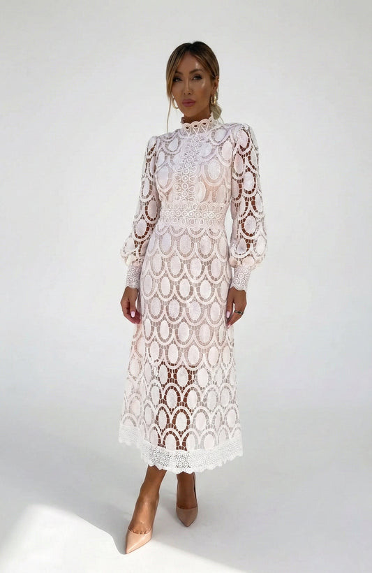 Abito Midi Donna in Pizzo Maniche Lunghe Elegante - Vesarelli