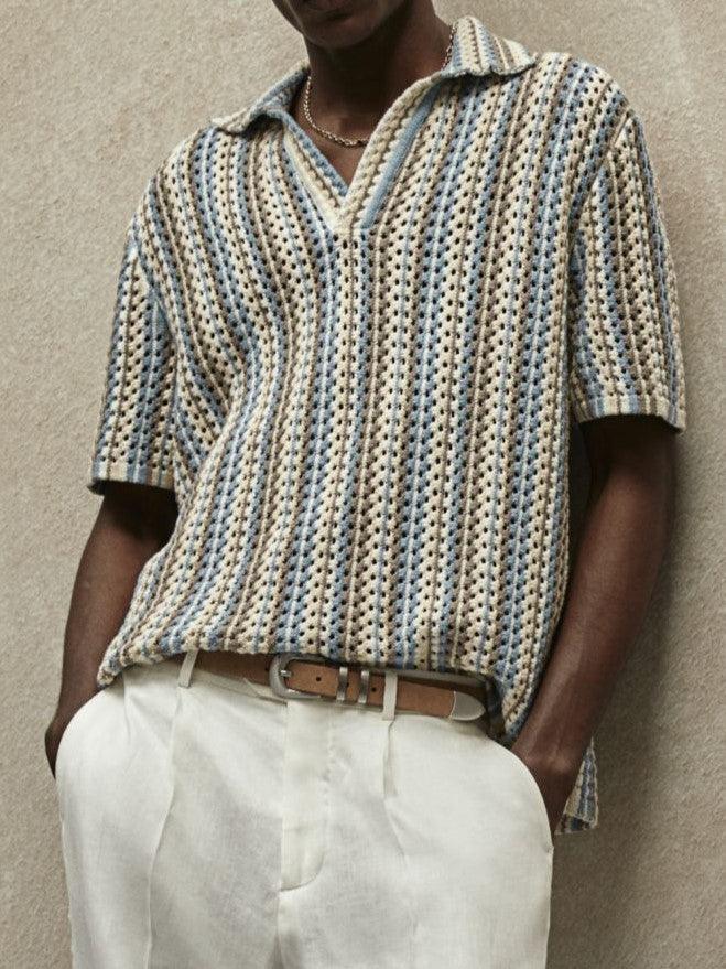 Polo Uomo in Cotone a Maglia Leggera con Motivo a Righe