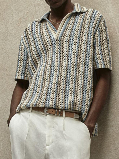 Polo Uomo in Cotone a Maglia Leggera con Motivo a Righe