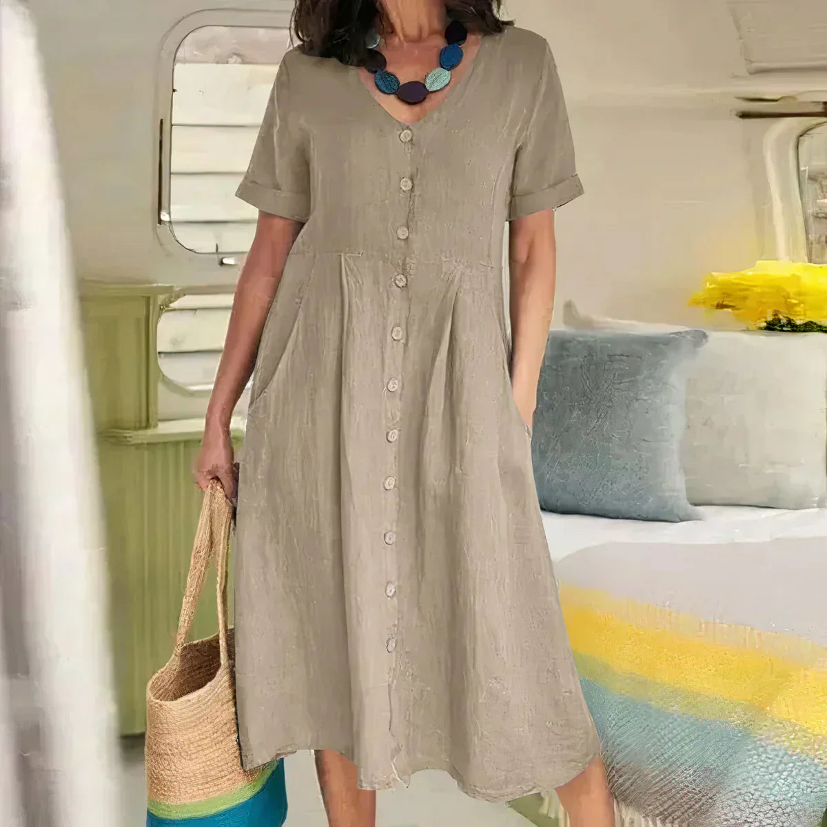 Dovira | Abito Elegante In Lino Da Donna Scollo A V Con Bottoni Midi 3