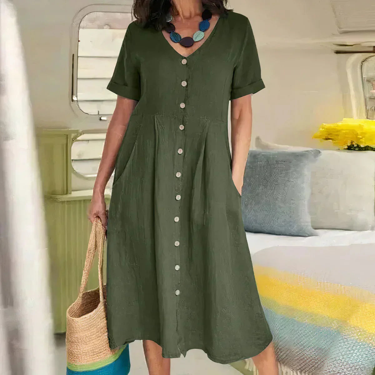 Dovira | Abito Elegante In Lino Da Donna Scollo A V Con Bottoni Midi 4