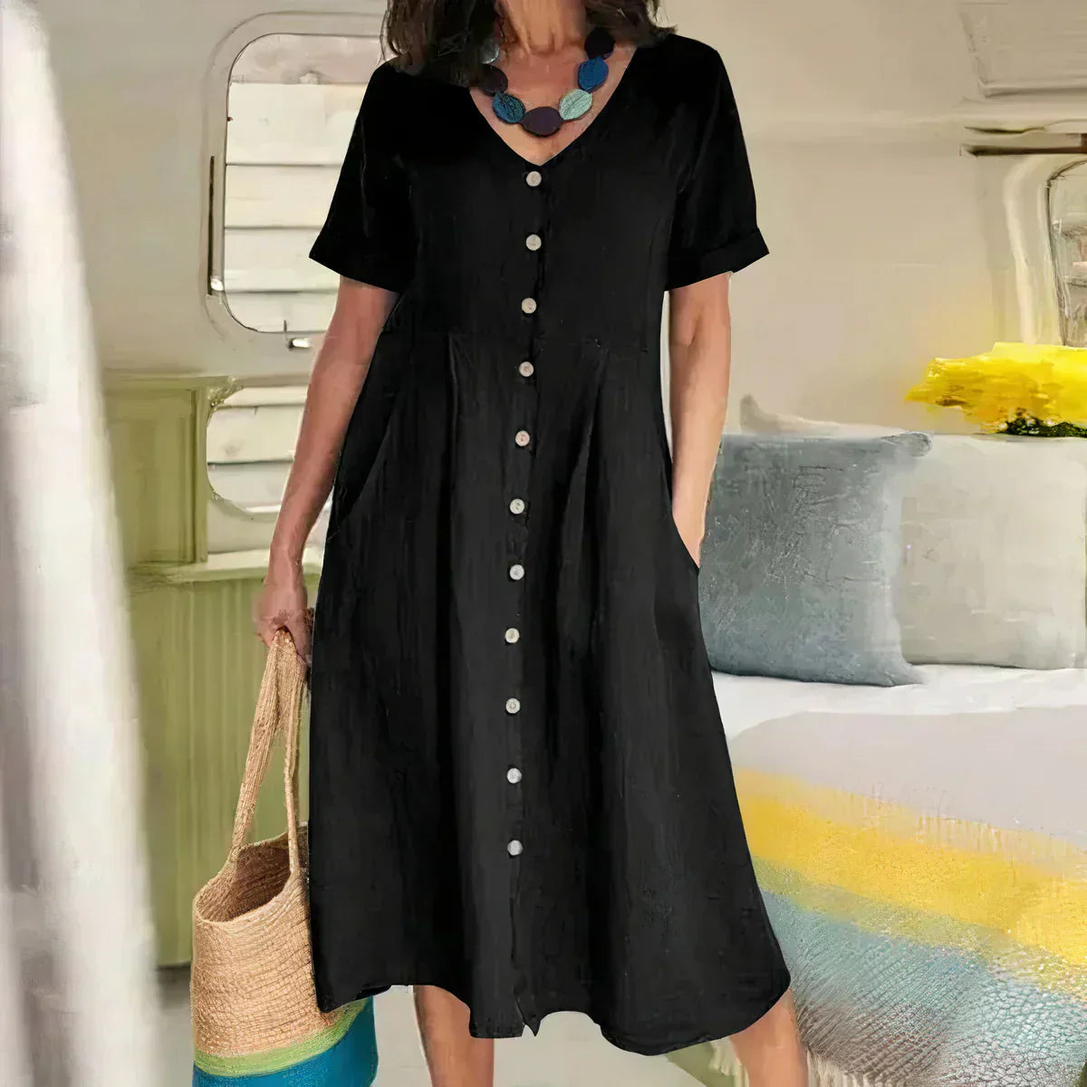 Dovira | Abito Elegante In Lino Da Donna Scollo A V Con Bottoni Midi 5