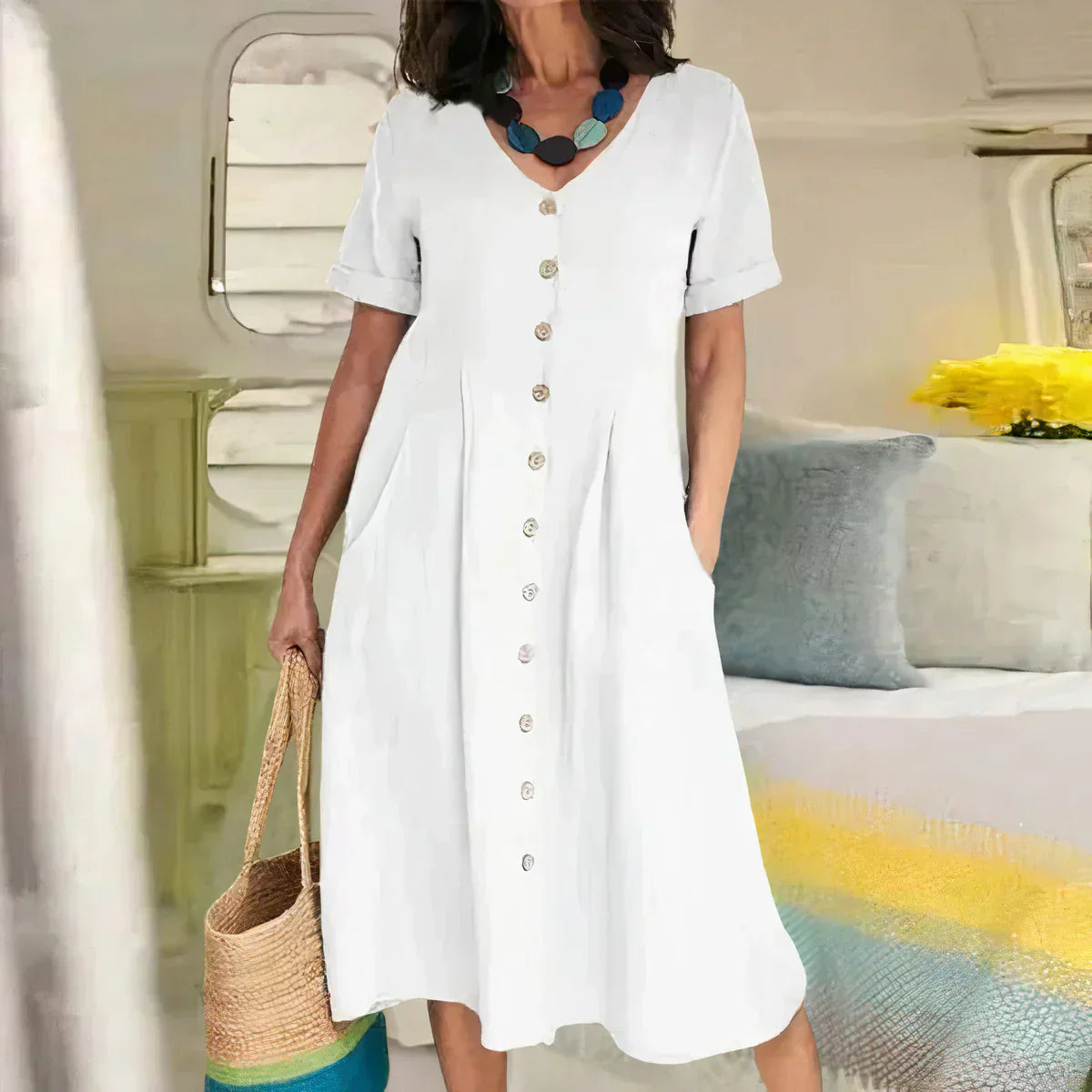 Dovira | Abito Elegante In Lino Da Donna Scollo A V Con Bottoni Midi 6