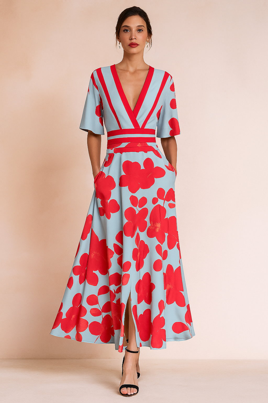 Abito Lungo Donna Elegante Classico Scollo Girocollo - Vesarelli
