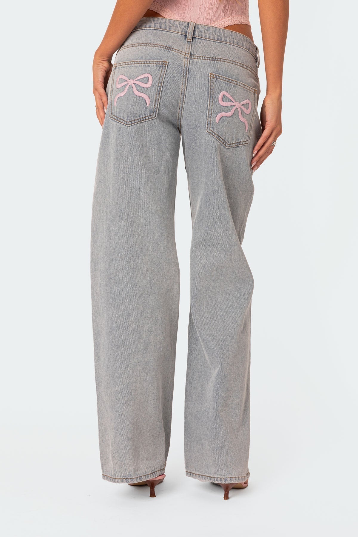 Jeans Donna Gamba Larga con Dettagli Fiocco in Vita