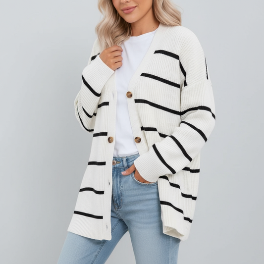 Cardigan Lungo Donna a Righe con Bottoni - Vesarelli