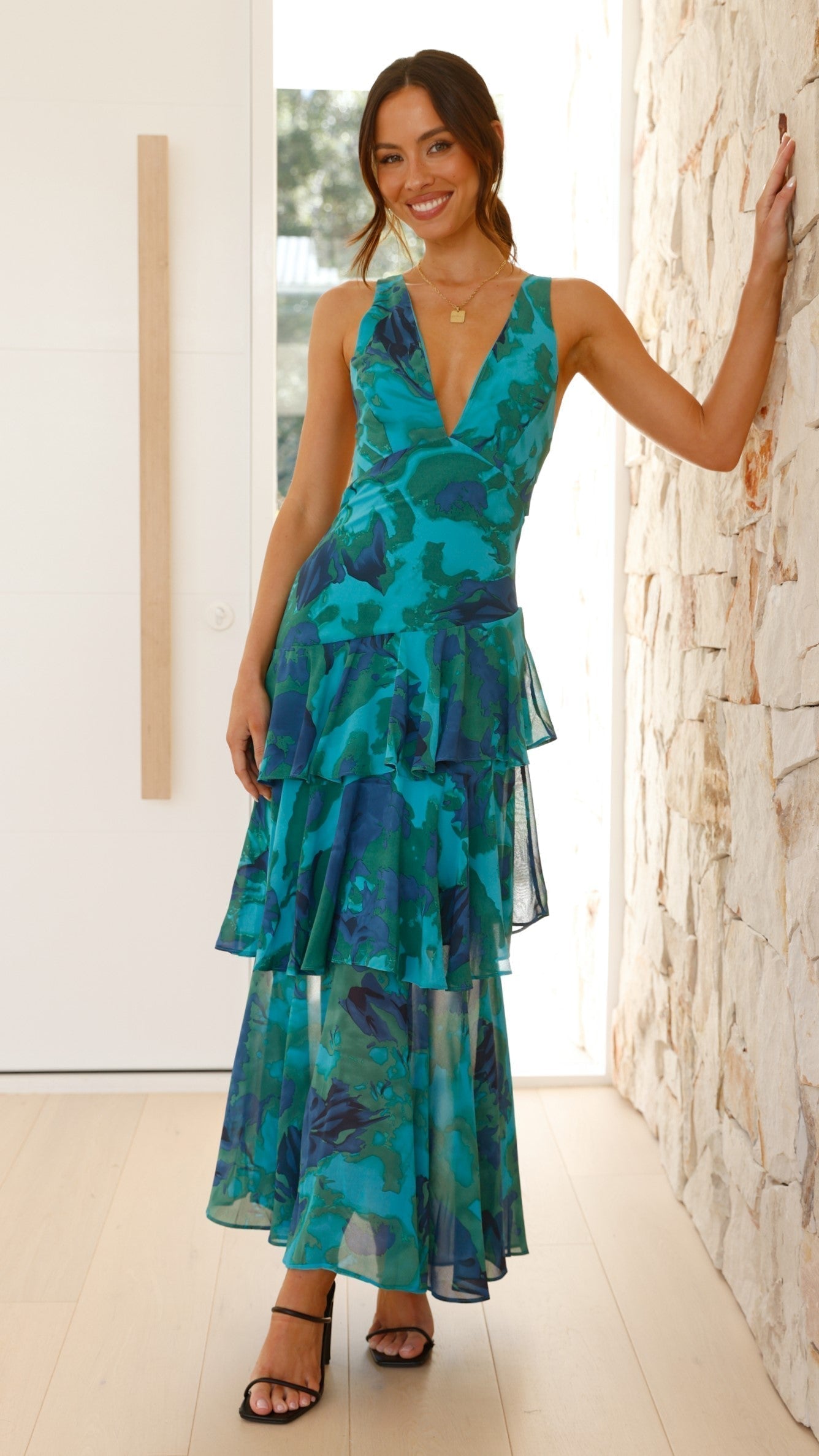 Elda | Abito Lungo Estivo in Chiffon Turchese e Zaffiro