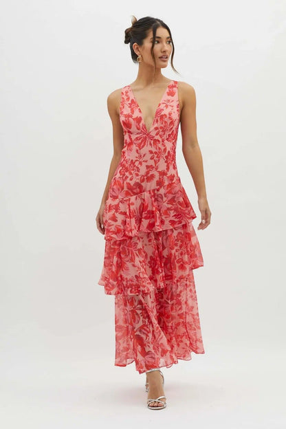 Elda | Abito Lungo Estivo in Chiffon Turchese e Zaffiro Rosso