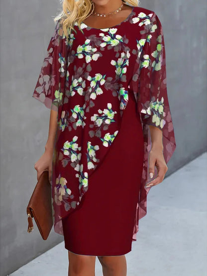 Abito Donna con Cape in Chiffon Stampa Floreale Elegante