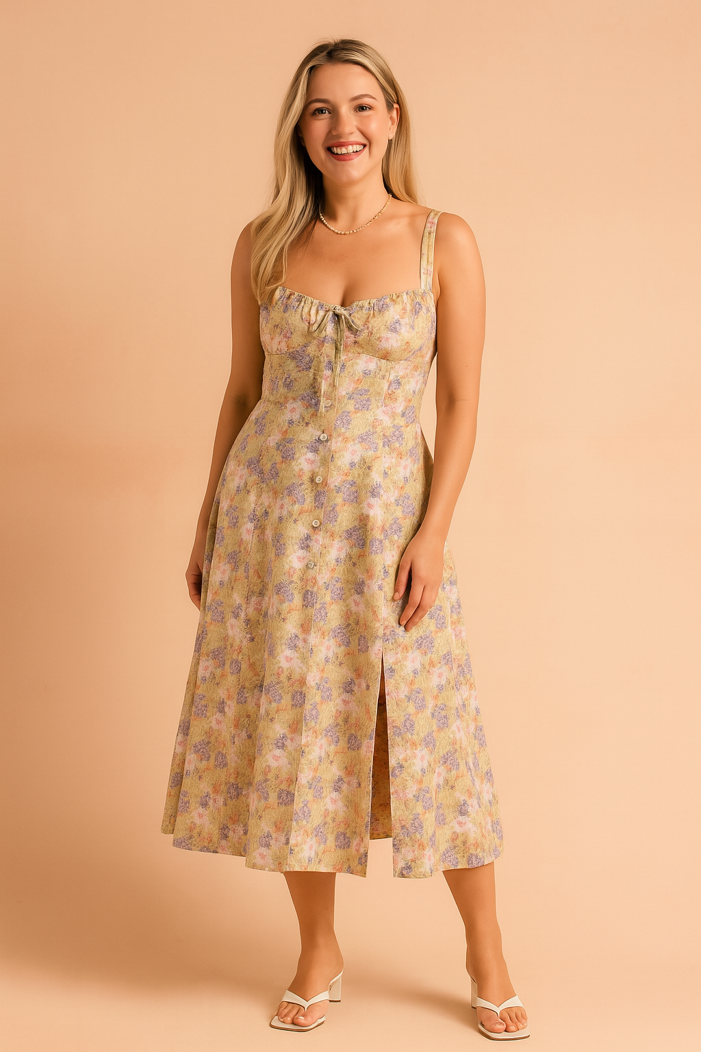 Abito Midi Donna Floreale con Spacco e Volant sul Seno - Vesarelli
