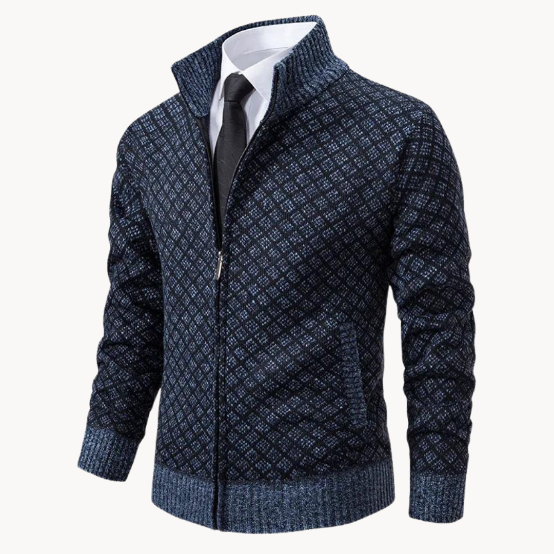 Maglione Uomo con Zip Collo a Coste e Motivo a Rilievo