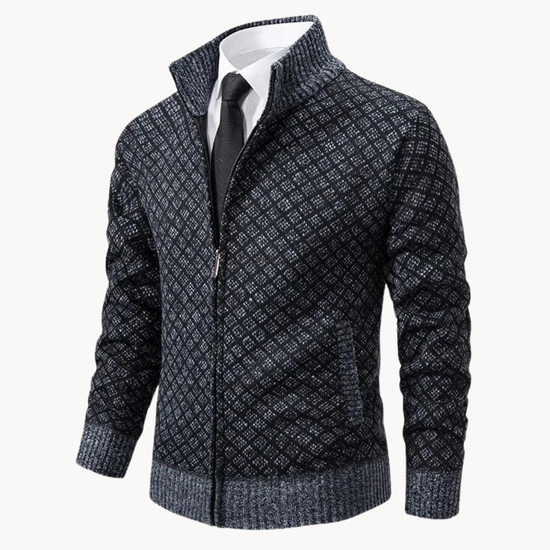 Maglione Uomo con Zip Collo a Coste e Motivo a Rilievo