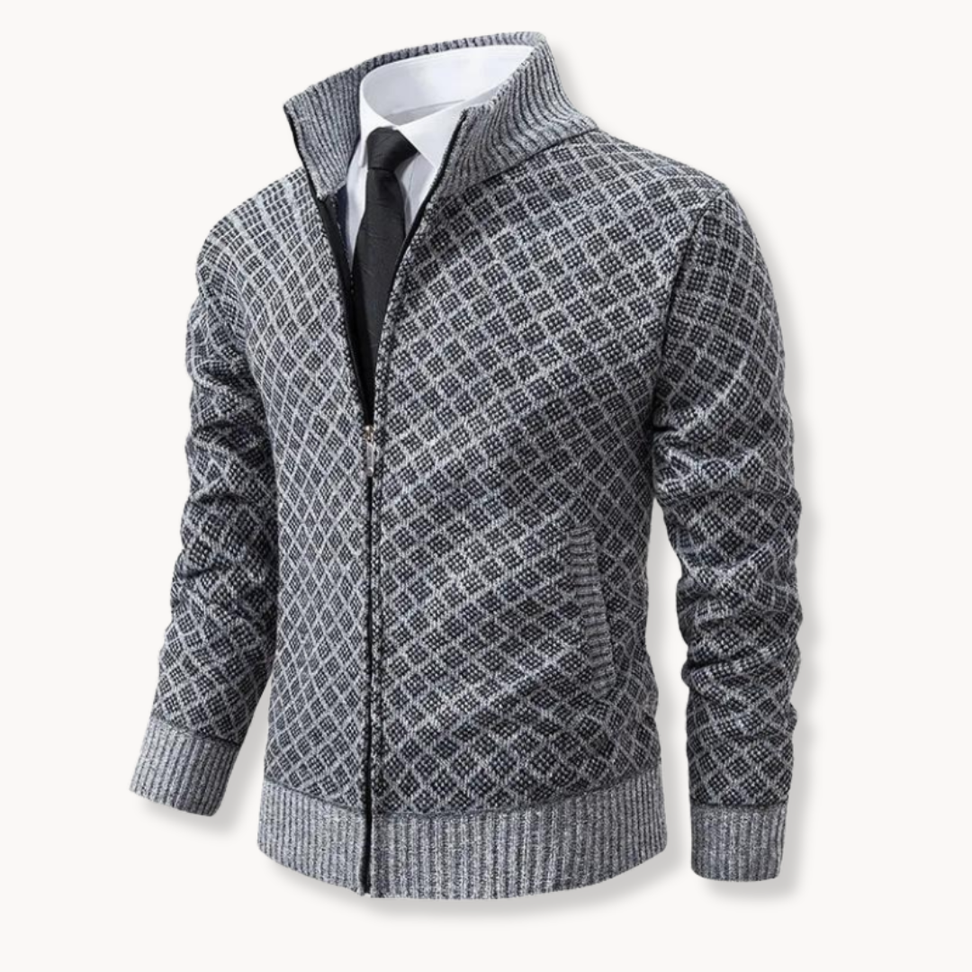 Maglione Uomo con Zip Collo a Coste e Motivo a Rilievo
