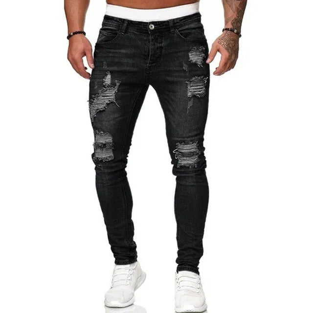 Jeans Skinny Uomo Strappati Stile Vintage Streetwear