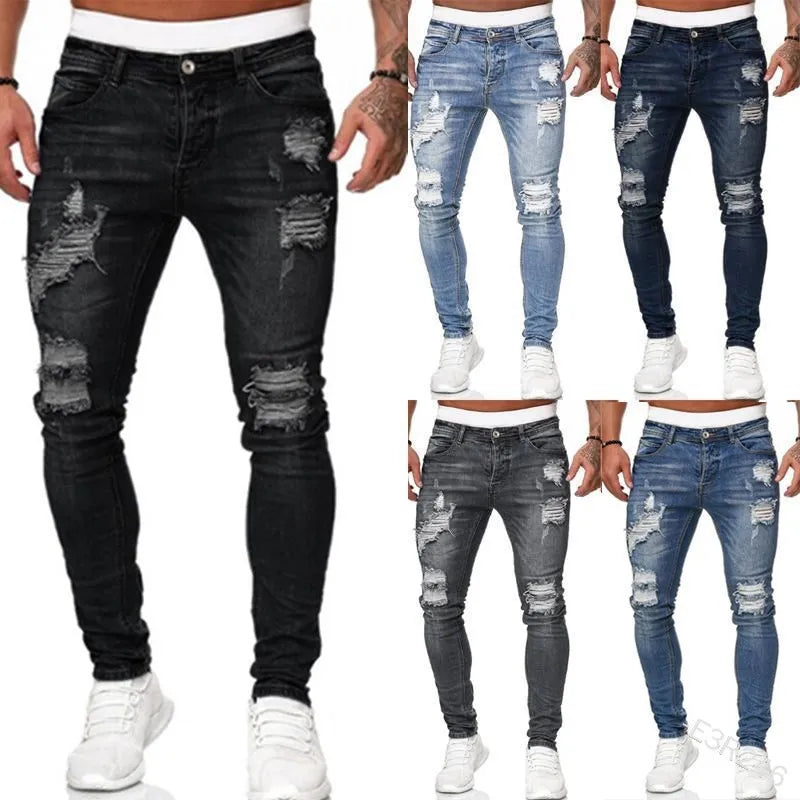 Jeans Skinny Uomo Strappati Stile Vintage Streetwear