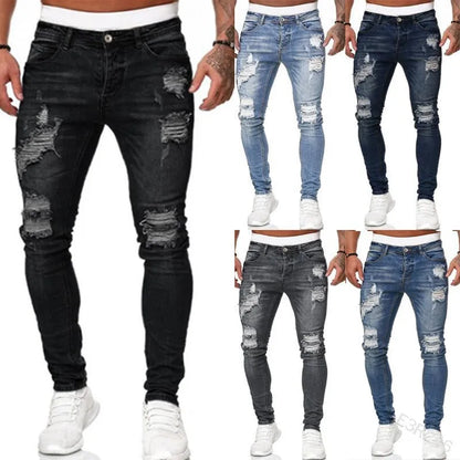 Jeans Skinny Uomo Strappati Stile Vintage Streetwear