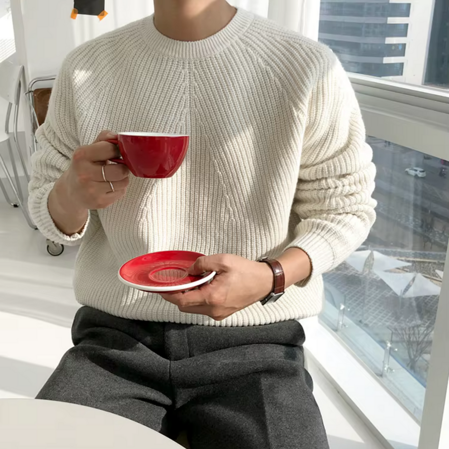Maglione Cotone Struttura a Coste Per Uomo | Fynara Crema