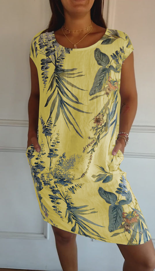 Gavina | Donna Abito Estivo Casual Con Stampa Foglie Giallo