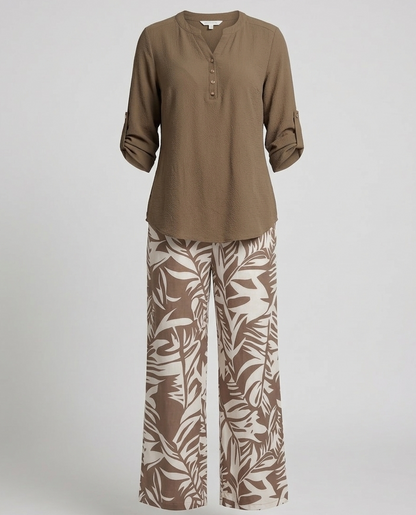 Completo Palazzo Donna Camicia Viscosa Stampa Foglie