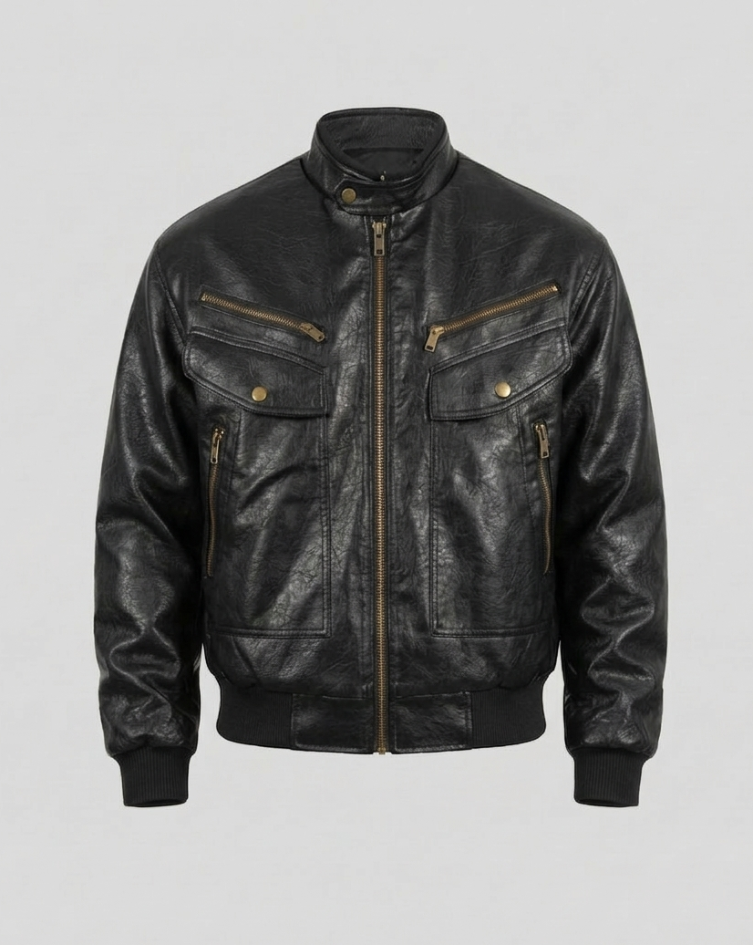 Giubbotto Biker Uomo Effetto Pelle Collo Alto
