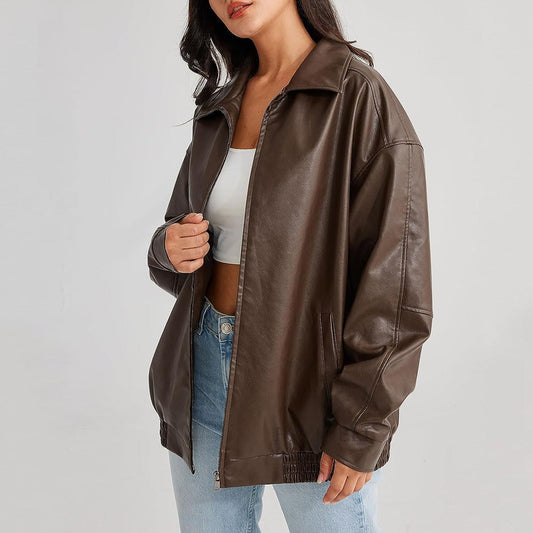 Giacca Bomber Donna in Ecopelle Oversize Colletto a Revers - Vesarelli