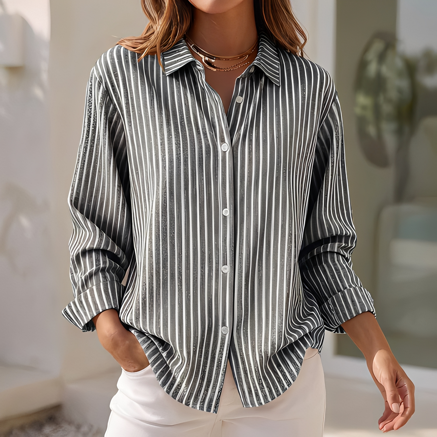 Blusa Donna in Tessuto Leggero a Righe Vestibilità Larga