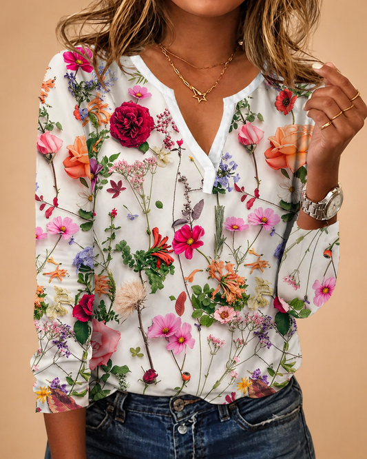 Blusa Donna Stampa Floreale Scollo a V Maniche Lunghe - Vesarelli