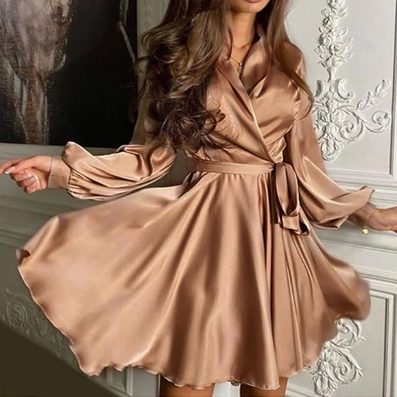 Abito Lungo Donna in Raso Manica Lunga con Ruches