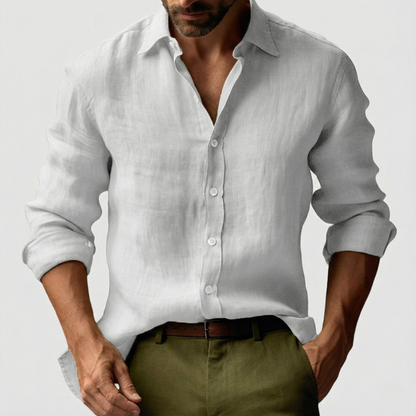 Camicia Uomo Lino Manica Lunga Casual con Bottoni