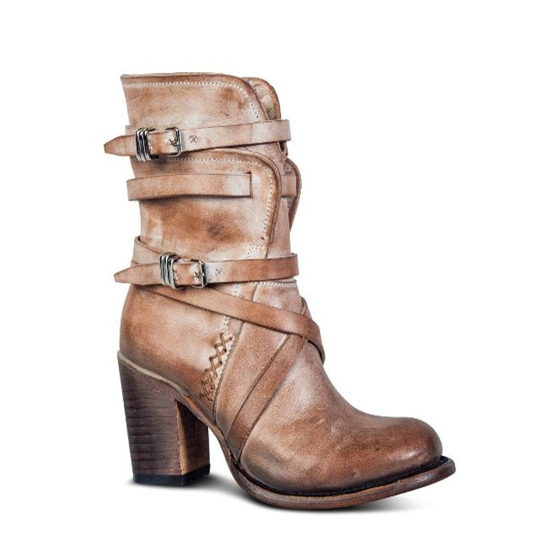 Stivaletti Donna in Pelle Stile Vintage Slouchy con Fibbia e Tacco