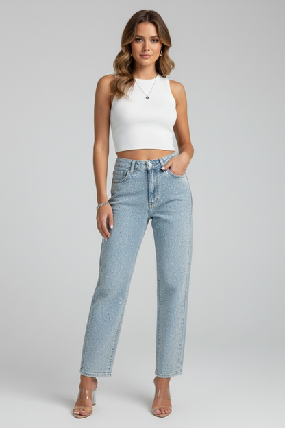 Jeans Donna Vita Alta Effetto Lurex Gamba Dritta