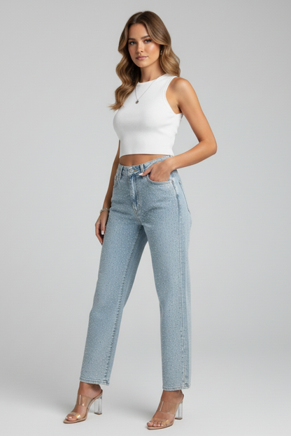 Jeans Donna Vita Alta Tessuto Lucido Taglio Dritto