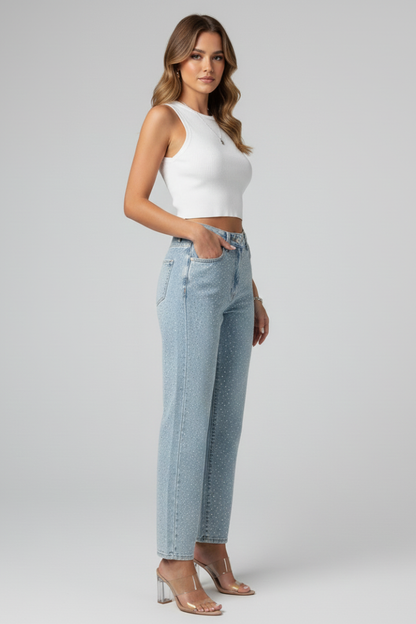 Jeans Donna Vita Alta Tessuto Lucido Taglio Dritto
