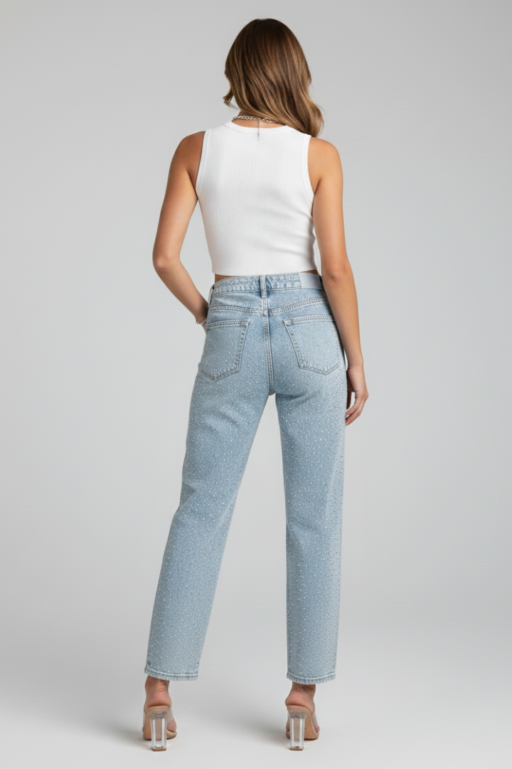 Jeans Donna Vita Alta Effetto Lurex Gamba Dritta