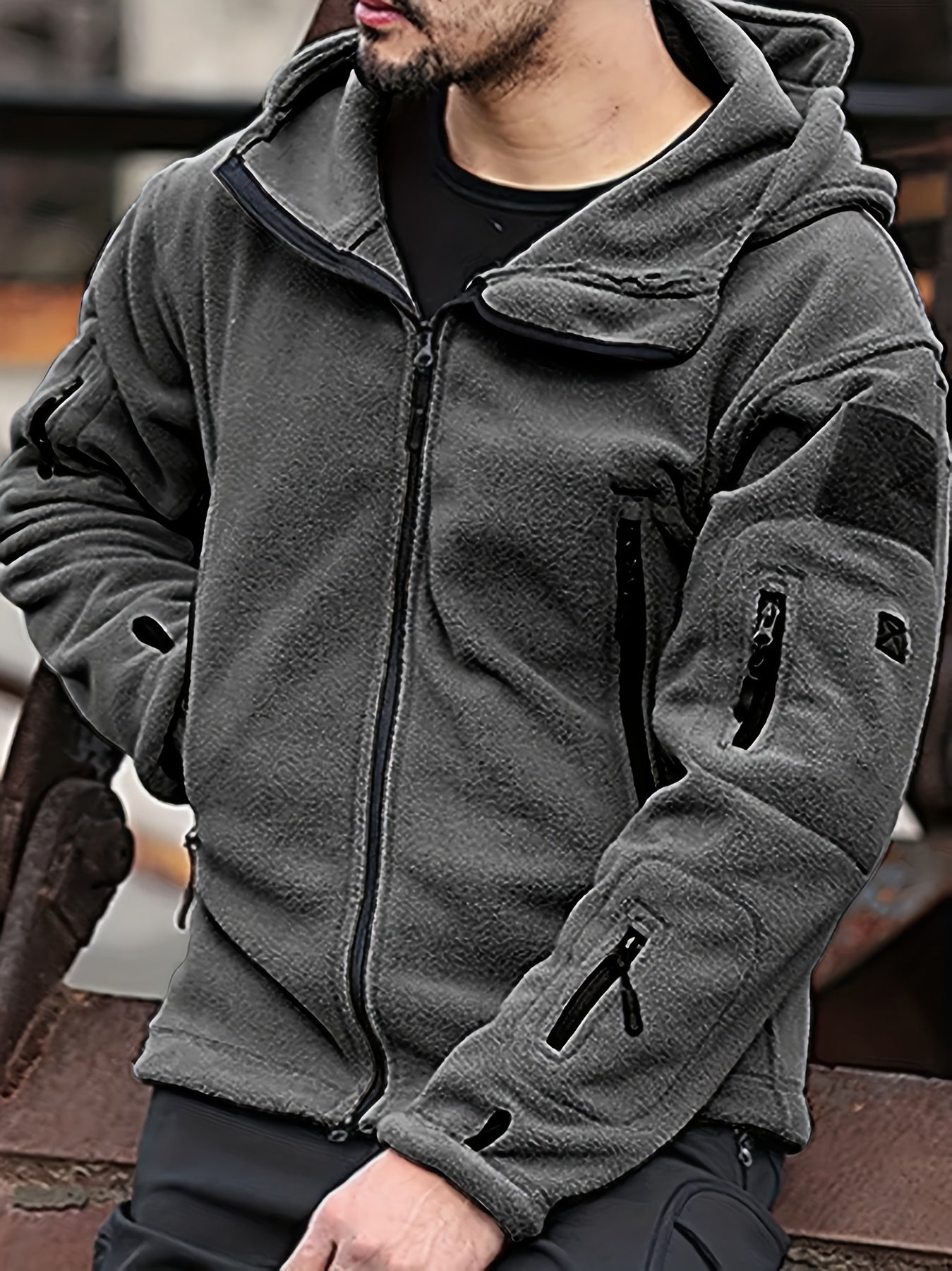 Hugo | Uomo Giacca Fleece Tattica con Cappuccio Full-Zip 2