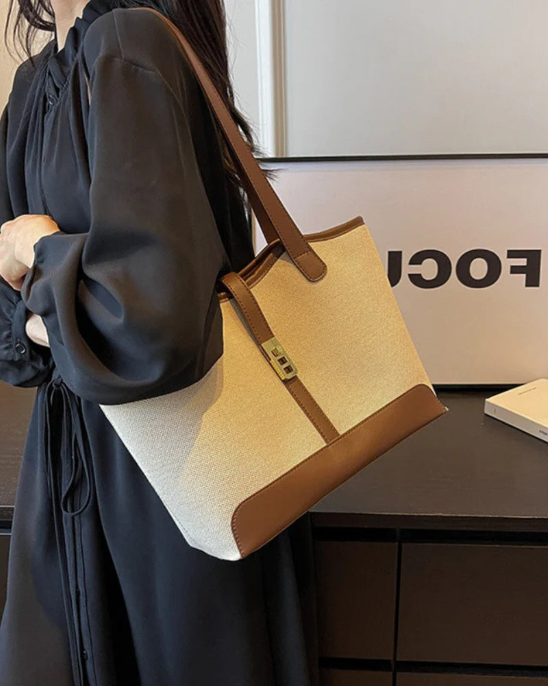 Borsa a Spalla Donna Canvas con Dettagli in Pelle Chiusura Girevole