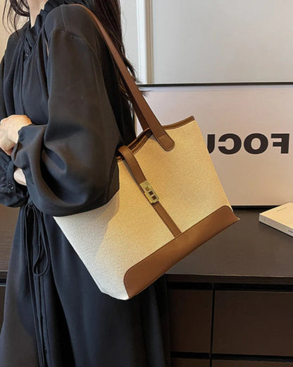 Borsa a Spalla Donna Canvas con Dettagli in Pelle Chiusura Girevole