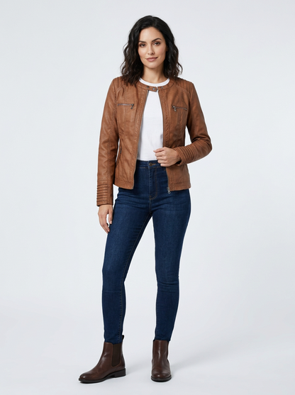 Jaxor | Giacca Biker Donna in Pelle Slim Fit con Zip Frontale e Tasche con Zip 7