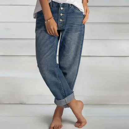 Jeans Donna Vita Alta Bottoni Vestibilità Ampia