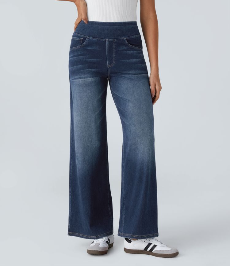 Jeans Donna Vita Alta Gamba Larga Elasticizzati Pull-On - Vesarelli